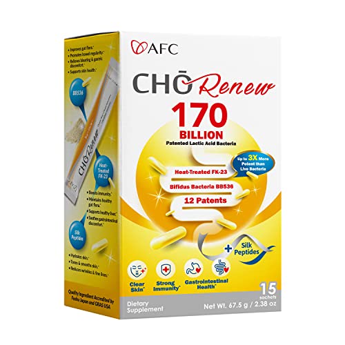 AFC Japan Cho Renew -170 Billions Patented Probiotics, 3X More Effective, with Silk Peptide & Fiber, for Clearer Skin, Stomach Acid Resistant, No Need for Refrigeration, 15 sachets