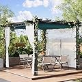GarveeTech 10x10 ft Pergola Gazebo with Adjustable Canopy, Heavy-Duty Aluminum Sun Shelter with Faux Wood Finish for Outdoor Patio, Deck & Garden, Blue+White