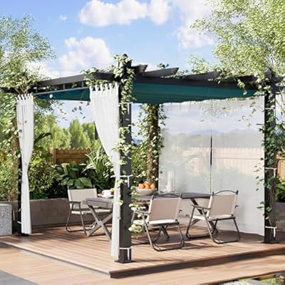 GarveeTech 10x10 ft Pergola Gazebo with Adjustable Canopy, Heavy-Duty Aluminum Sun Shelter with Faux Wood Finish for Outdoor Patio, Deck & Garden, Blue+White