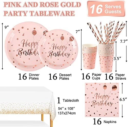 Jonvell Pink and Rose Gold Party Supplies Birthday Party Tableware Set Pink Rose Gold Party Paper Plates Cups Napkins Straws Tablecloth Pink Birthday Party Plates for 16 Guests