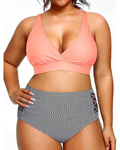 Yonique Womens Plus Size Bikini High Waisted Swimsuits Two Piece Bathing Suits Tummy Control Swimwear Pink And Stripes 22Plus #TOP4