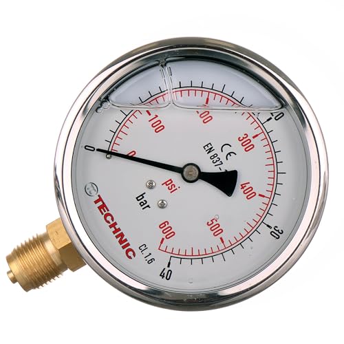 TC TECHNIC - Manomètre pour Eau et Air - Manomètre a Glycérine 0-40 Bar, Ø 100mm, 1/2 Pouce, Raccordement Inférieur, Echelle En Bar et PSI - pour...