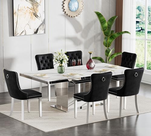 Image of Modern Extendable Dining Table Set for 6, Faux Marble Expandable Table with 6 Black Velvet Chairs & Silver Mirrored Pedestal Base, 63 inch to 94 inch 3-Position Expansion, 7 Piece Luxury Dining Room Table Set