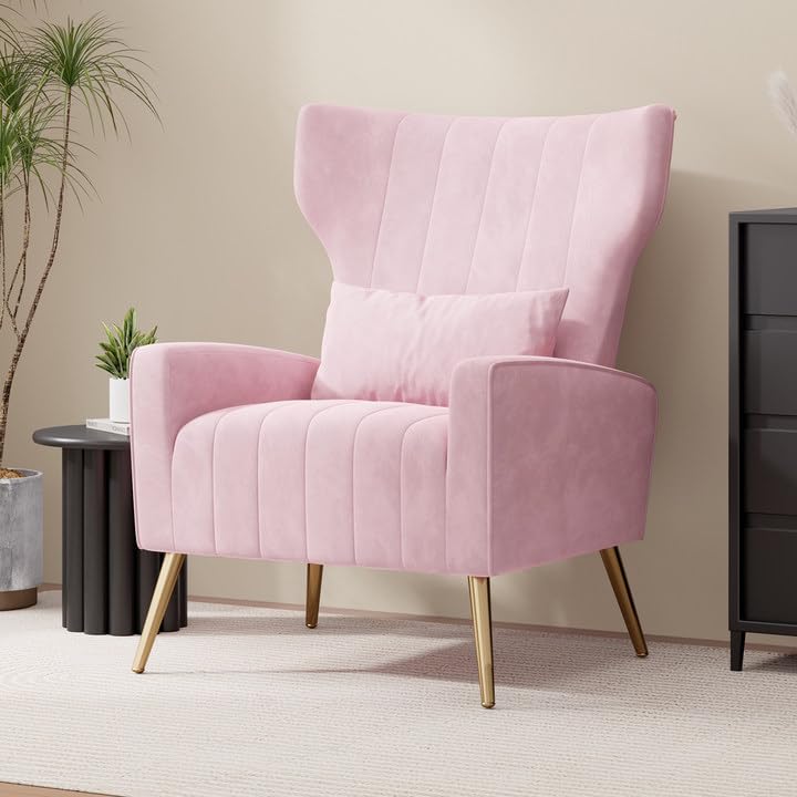 Hawthyhome Velvet Armchair Recliner with Comfortable Cushion with Pillow Golden Metal Legs Padded Seat Lounge Couch Armchair for Living room,and Bedroom Pink
