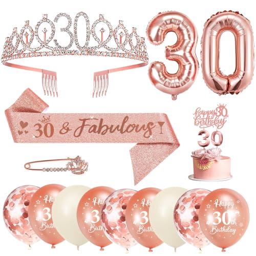 30 Años Corona Banda Cumpleaños Mujer Tiara y Faja de Oro Rosa, Globos, Velas Numeros 30, Topper de Tarta Decoración Fiesta