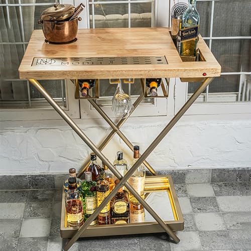 Image of HAUS OF BARS by SpeedX - Model J - Multi-Functional, Portable and Foldable Bar Table in Matte Gold Finish with Wooden Top