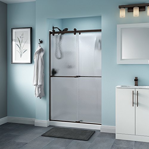 Authentic Crazy Deals Delta Shower Doors SD3276529 Linden 48" x 71" Semi-Frameless Contemporary Sliding Glass Shower Door in Bronze with Rain Glass