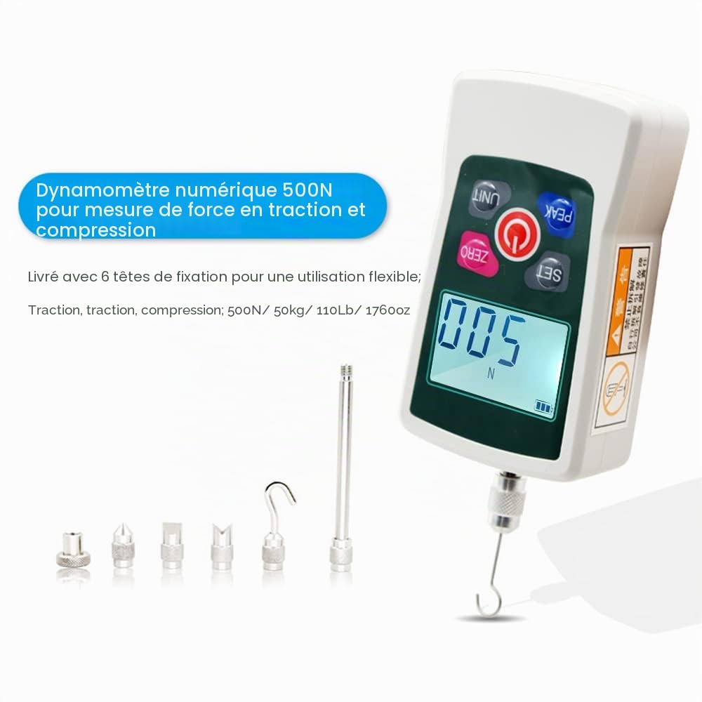 Dynamomètre numérique,500 N/50 kg/110 lb/1760 oz,Dynamomètre portable à actionner par traction,Éclairage rétroéclairé à unité commutable,avec 6 Têtes de fixation,Étui de rangement,Arrêt automatique