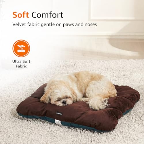 Image of Amazon Basics Pet Bed | Small | Reversible Premium Velvet Pet Bed for Cats & Small Dogs (Pug, Shih Tzu, Dachshund) | Soft & Durable | Coffee & Light Blue | 63 x 63 x 7 cm