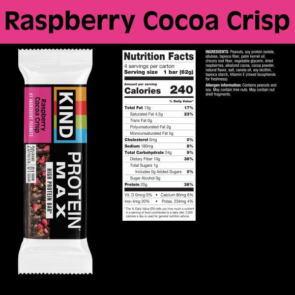 Image of KIND Protein MAX Bars, Raspberry Cocoa Crisp, Gluten Free, Low Sugar, High Fiber Snacks, 20g Protein, 24 Count