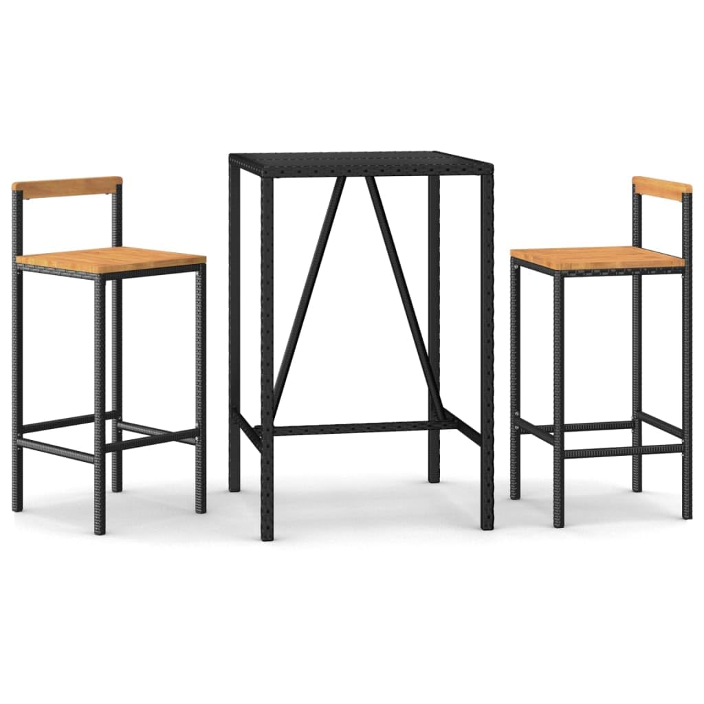 Juego de bar de jardín para terraza o balcón con mesa de polirratán negro y madera