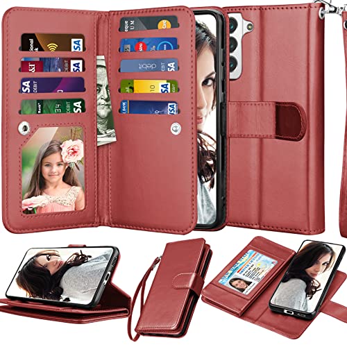 NJJEX Galaxy S22 Case, for Samsung Galaxy S22 Wallet Case, [9 Card Slots] PU Leather ID Credit Holder Folio Flip [Detachable] Kickstand Magnetic Phone Cover & Lanyard for Samsung S22 [Wine Red]
