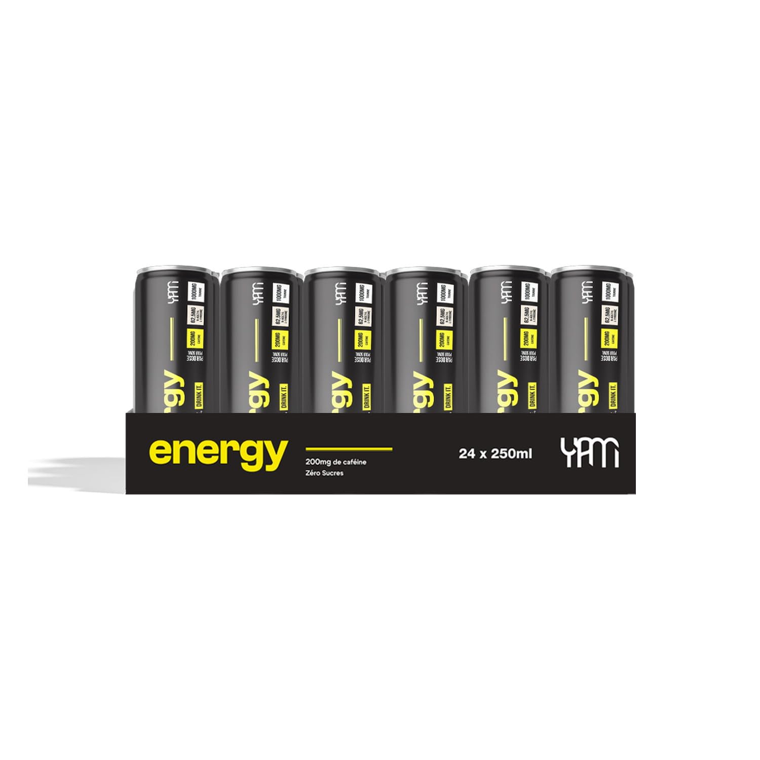 Yam Energy - Energy Drink sans sucres 200mg caféine 1000mg taurine - Booster d'énergie - 250mL - Lot de 24 - YAM Nutrition