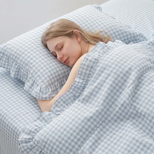 Image of Nayoroom Gingham Duvet Cover Queen Size Blue Ruffle Plaid Checkered Duvet Cover 3 Pieces Soft Washed Microfiber Vintage Farmhouse Dorm Bedding Set Gifts for Women Men