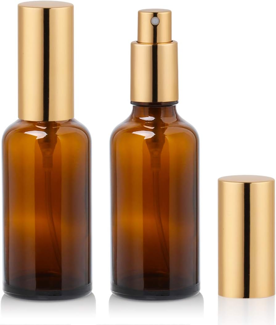 Hydior 2 oz Amber Glass Spray Bottle with Atomizer for Essential Oils, Perfume, Fine Mist Spray (2 Pack)