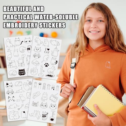Image of Spritewelry 57 Pcs Cat Water Soluble Embroidery Patterns Kitten Cat Stick and Stitch Transfer Embroidery Paper Wash Away Adhesive Stabilizers for Hand Sewing Beginners Starter Adult