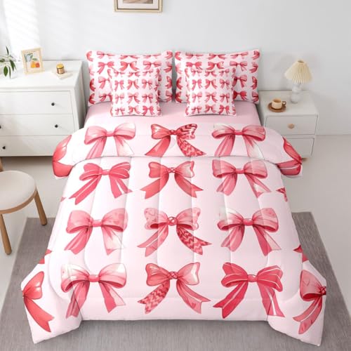 Image of Red Bow Tie Queen Comforter Set with Sheets | Princess Bow 7-Piece Bedding Set Cute Ribbon Bowknot Bed in a Bag, Dreamy Geometric Bowknot Bed Sets,Kawaii Room Decor Aesthetic