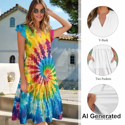 Image of Women's Casual Ruffle Sleeve Dress V Neck Pullover Dress Flowy A-Line Pleated Lightweight Dress with Pockets
