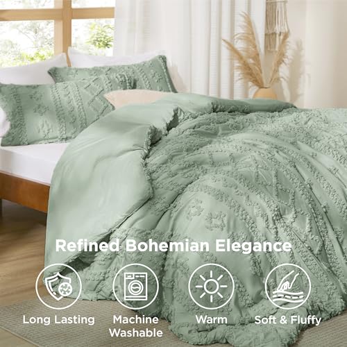 Image of Bedsure Tufted Boho Comforter Set Full Size - Sage Green Boho Bed Set, GentleSoft 3 Pieces Farmhouse-Style Embroidery Bedding, Gifts for Woman, Soft Jacquard Kids' Full Comforter for All Seasons