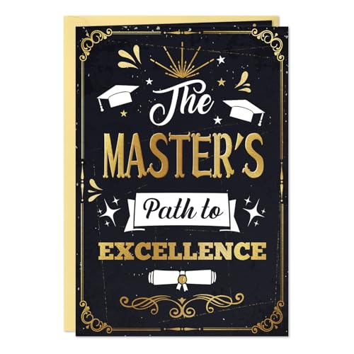 Image of FLYAB Masters Degree Graduation Gift - 5.5 inchx8 inch Masters Degree Graduation Card with Envelope Gold Foil Design Path to Excellence Inspirational Grad Card for Her Him Men Women Graduates