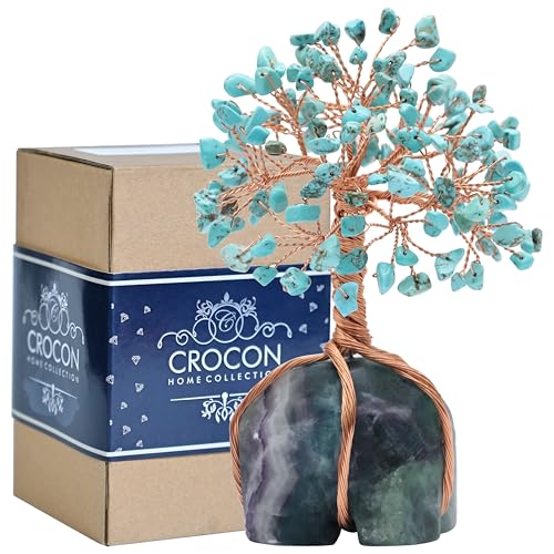 Image of Crocon Howlite Green Turquoise Gemstone Money Tree with Fluorite Rough Wire Wrapped Base | Feng Shui Bonsai | Ornament Figurine | Chakra Balancing | Reiki Crystal Healing | Spiritual | Decor Size 5-6 inch | Copper wire, fluorite rough base, feng shui bonsai Ornament Chakra Balancing Reiki Crystal Healing Spiritual Decor Size 5-6 inch
