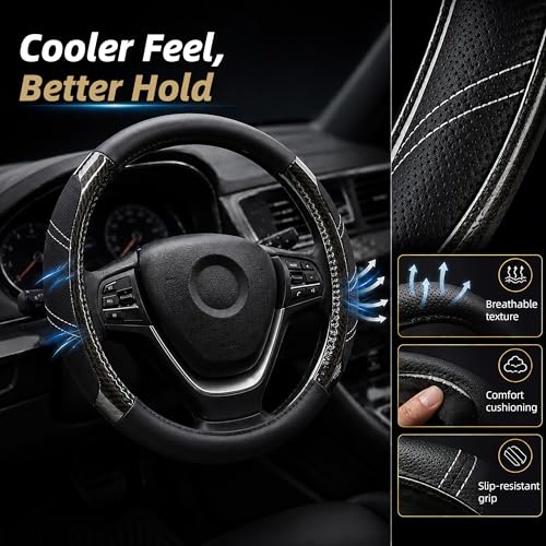 Image of Elantrip Sport Leather Steering Wheel Cover 14 1 /2 inch to 15 inch Universal, Padded Soft Grip Breathable for Car Truck SUV Jeep, Anti Slip Odorless Carbon Fiber Black