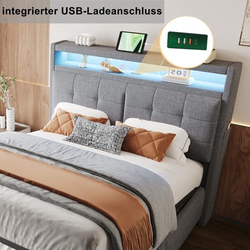 LAKFEW Polsterbett 140x200 cm, Doppelbett Stauraumbett mit LED-Beleuchtung und USB-Steckdose, Funktionsbett mit Hydraulischem Stauraum und Regal und Lattenrost, Grau, Ohne Matratze, Leinen – Bild 4