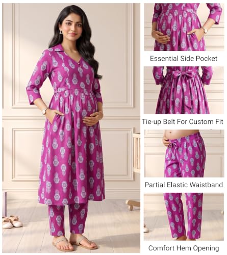 Image of DUMMY SHAPE Maternity Dresses for Women Cotton | Floral Kurta Pant Dupatta Set with Nursing Zippers, Side Pocket | Pre & Post Pregnancy | Feeding Kurti Suit | Baby Shower | Gifts for Pregnant Woman