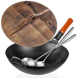 YOSUKATA Carbon Steel Wok Pan 13,5“ + 17’’ Wok Spatula and Ladle – Set of 2 Heat-Resistant Wok Tools + Premium Wok Cover 13,5 inch Pan Lid