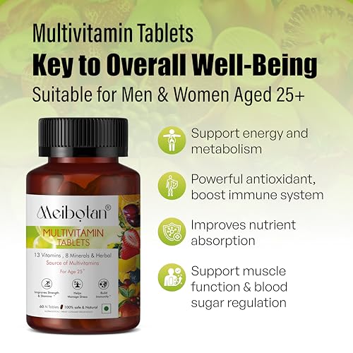 Image of Multivitamin Tablets with Biotin, Vitamin C & 21 Vital Nutrients for Overall Health, Radiance, Strong Bones & Immunity (Veg) Pack of 60 Tablets Age 25+