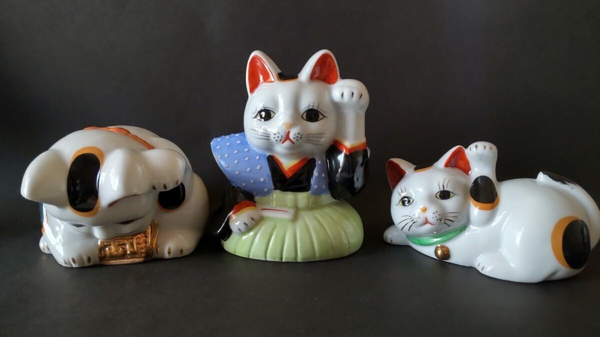 Amazon.co.jp: 招き猫福助お辞儀寝そべり3個セット陶器縁起物 303