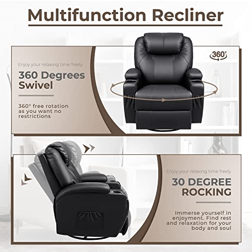 Furniwell Massage Rocker Recliner Chair With Heated Ergonomic Lounge Chair 360° Swivel Rocking Single Sofa For Living Room Adjustable Home Theater Seating With 2 Cup Holders (Black) #TOP4