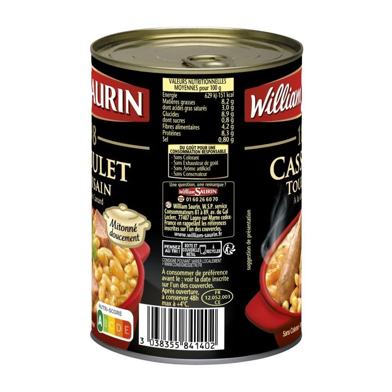Cassoulet Toulousain 1898 de William Saurin - Recette Authentique à la Graisse d'Oie Plat Cuisiné Exceptionnel en Conserve - Épicerie Salée Française - Le Lot De 3