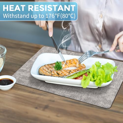 Placemats Set of 12 Washable, Heat Resistant Table Placemats Wipeable Faux Leather Place Mats Non Slip, Waterproof Square Table Mats for Indoor Outdoor, Light Grey