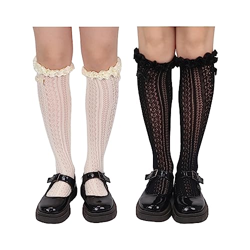 PAROLI Girls Hollow out Chiffon Lace medium stockings 2 Pair Black and White