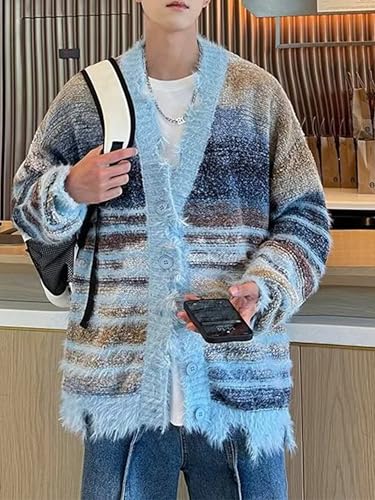 Men's Cardigan Rainbow Striped Knit V-neck Button Muticolor Fashion Placket Knit Sweater Y2K Colorful Top2