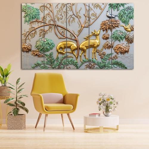 Image of Maxstone Goldan Deer Wall Painting Vastu for Home Animals Wall Painting Living Room,bedroom,Office, Multiple Panals Big Size Set of-5 (30x60 inch) M1263