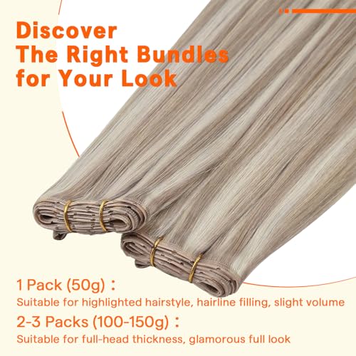 Image of Full Shine Butterfly Weft Hair Extensions Human Hair, 20 Inch 50G Ash Blonde Highlights Bleach Blonde, Seamless Micro Beads OVO Weft, Silky Straight Hairpiece for Wedding