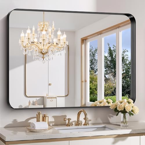 FORBATH 48x36 Inch Bathroom Mirror, Recessed Brushed Black Frame Wall Mirror with Rounded Corners, Anti-Rust Tempered Glass for Modern Farmhouse Vanity (Horizontal/Vertical)