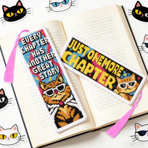 Image of ACRNIGHEET 6PCS Cross Stitch Bookmark Kit for Beginner Cool Cat Stamped Cross Stitch Kits Needlepoint Kit for Adults DIY Tassel Embroidery Bookmark Kits with Instructions Craft Gift 8.5 inchx3 inch 11CT