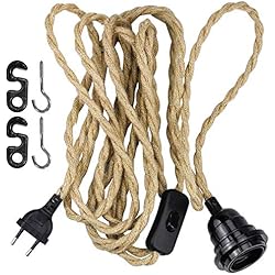 Lamparas Con Cable De Cuerda WEKON Cable de Cáñamo para Lámpara, Cable de Cañamo para Lámpara de Techo, Cacable de Luz con Cuerda de Cáñamo 3.5M Tipo E26 250V 3A con Cable y Interruptor Color Marrón Natural