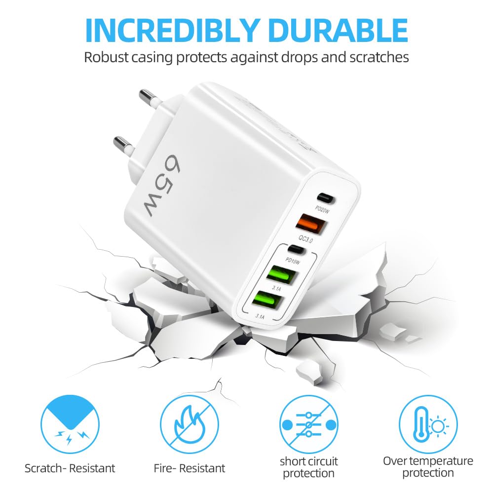 AXFEE Caricatore Rapido USB Multipla PD & QC3.0, Alimentatore Caricabatterie Spina USB C 65W 5Porto, Carica USB da Muro, Carica Cellulare per iPhone 12/11/XS/X,Samsung Galaxy S21/S20,Xiaomi,Huawei