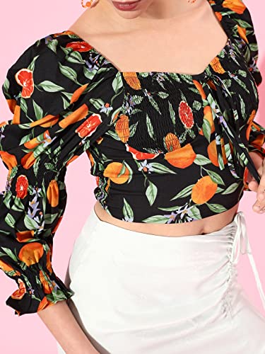 Image of Style Quotient Black & Orange Print Sweetheart Neck Bishop Sleeves Crop Top