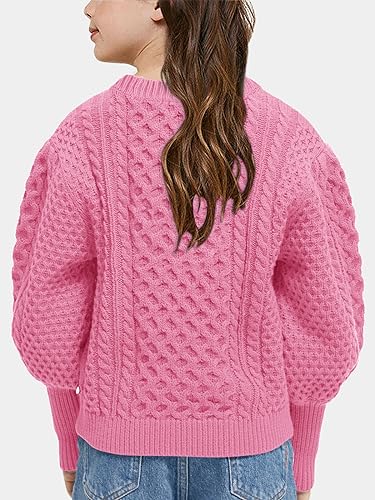 Image of rrhss Girls Cable Knit Sweaters Kids Fall Fashion Puff Sleeve Ribbed Cuffs Crewneck Clothes 5-14 Years