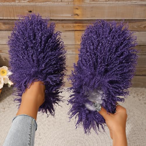 Image of Unisex Fuzzy Faux Fur Slippers, Women's Fluffy Long Hair Sheep Faux Fur Slip on Slides, Girls Luxury Big Fluffy Outdoor Flat Slippers, Long Curly Hair Non-Slip Warm Home Slide Shoes