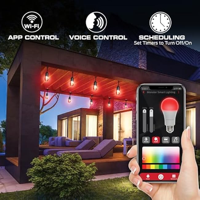 Monster 24 Foot Premium Outdoor Smart RGB+IC+WW String Lights, 12 Bulb Color Flow Dimmable LEDs, Sound Reactive, Water & Weather Resistant, Compatible with Alexa, Siri, Google Home, App
