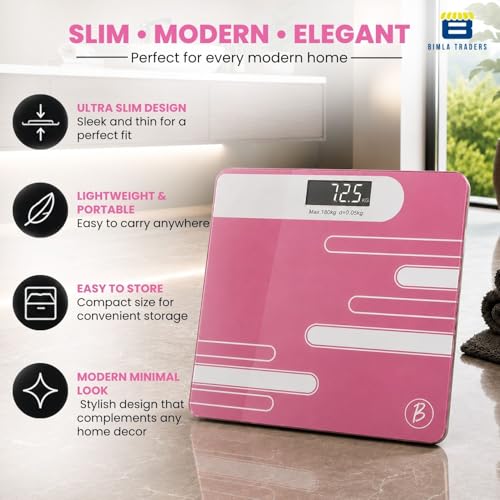 Image of Btag Premium Digital Body Weight Scale | 26x26 cm Wide Platform | Clear LCD Display | Anti-Skid Base | 180 kg Capacity Abstract Design (Pink)