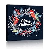 クリスマスリースキャンバスウォールアートプリントヤドリギの鳥ブルーウォール装飾ポスターリビングルーム冬の別荘装飾30x30cmインナーフレームを吊るす準備ができています