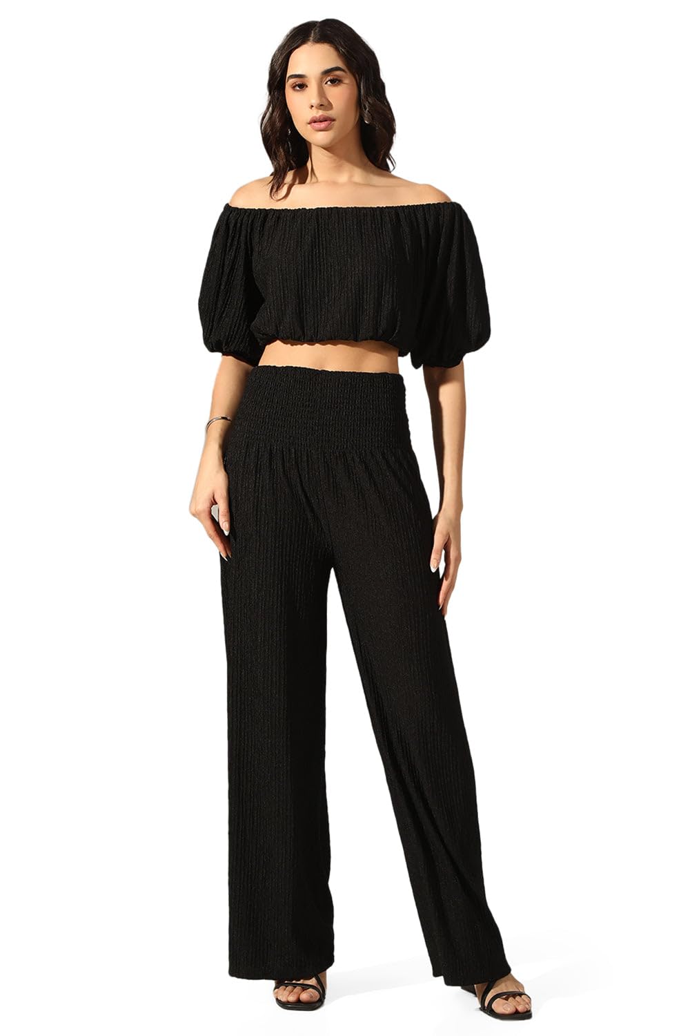 Edition Women's Textured Black Off-Shoulder Top with Smocked Wide-Leg Pants Co-Ord Set-CHN-3605-1_Black-P-image-24