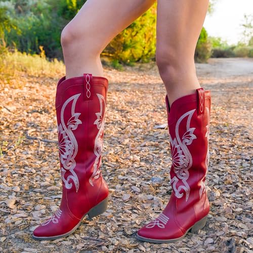 Image of Hawkwell Women's Cowboy Cowgirl Boots Slip On Pointed Toe and Block Heel Shoes with Classic Embroidered Pull On Tall Boot for Ladies Dress Western Knee High Boots